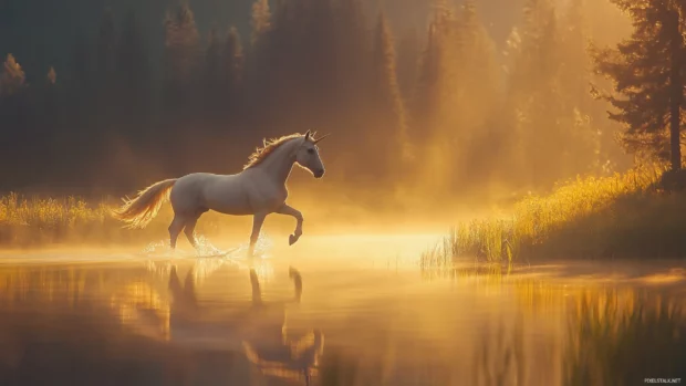 A unicorn gallops beside a radiant lake reflecting every color of the rainbow.
