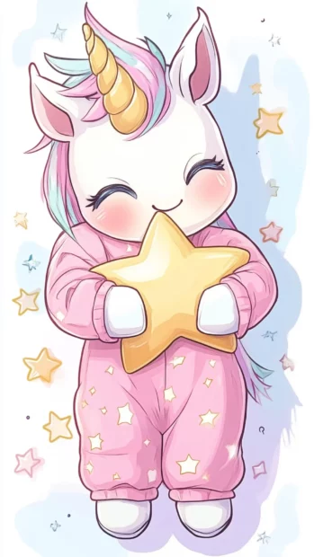 A unicorn in pink pajamas hugging a star in this Adorable unicorn chibi wallpaper.