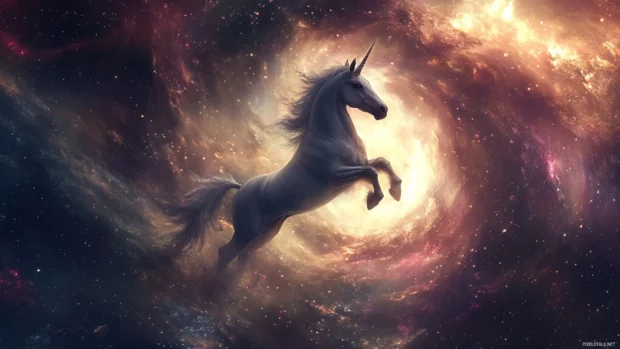 A unicorn leaps through a vortex of cosmic wind and space dust.