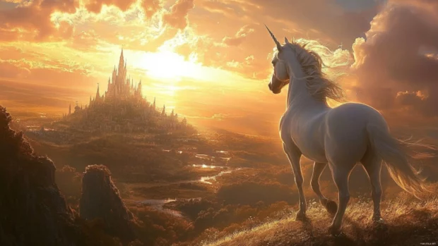 A unicorn looks out over a vast kingdom beneath a sunlit sky.