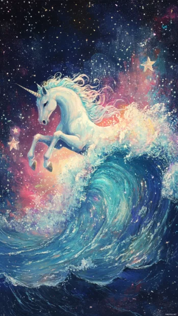 A unicorn riding a wave of stars in a cosmic dreamscape.