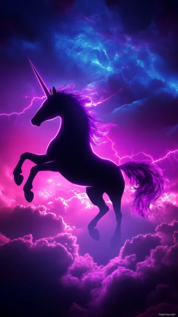 A unicorn silhouette glowing with purple lightning in this Vibrant unicorn neon wallpaper.