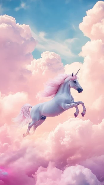 A unicorn skipping across pastel jelly clouds in this Soft pastel unicorn sky wallpaper.