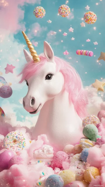 A unicorn surrounded by floating stars and sweets, dreamy Cute Unicorn lockscreen aesthetic.