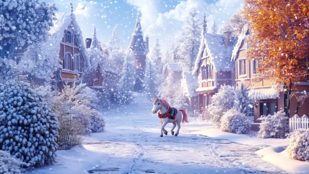 A unicorn with a scarf walking through a snowy pastel town.