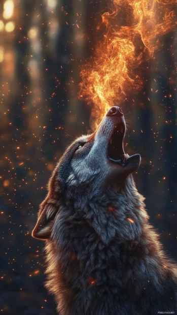 A vertical 3D wolf wallpaper showing a detailed creature howling as sparks fly around it.