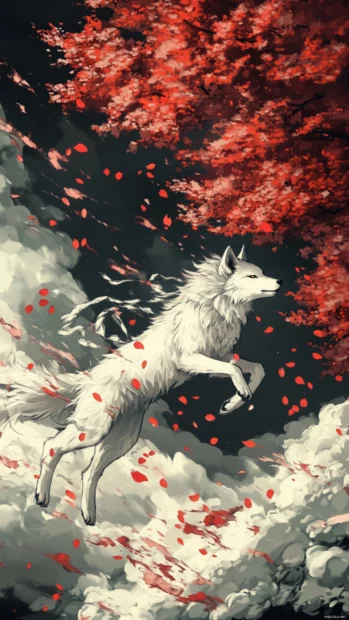 A vertical anime wolf  wallpaper with a lone wolf running through a storm of sakura petals.
