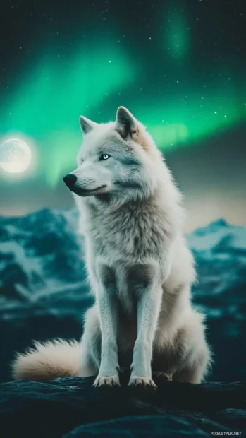 A vertical aurora dances behind a white wolf and glowing blue moon.