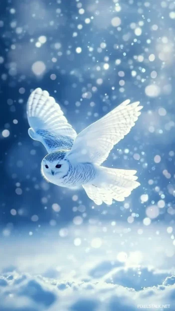 A vertical blend of soft blue and white as the owl glides through mist.