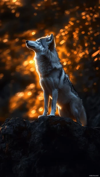 A vertical burst of light surrounds a silver wolf standing quietly on a glowing cliff.