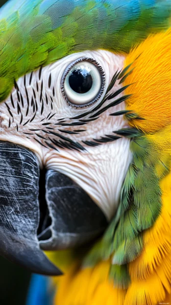 A vertical close up of a parrot’s eye and colorful feathers.