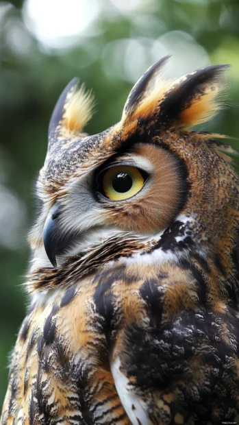 A vertical close up of an owl face, beak centered, feathers flaring in soft wind.