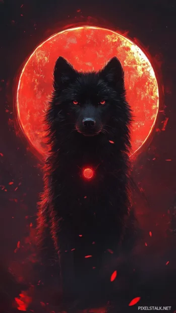 A vertical composition where a black wolf stands in front of a glowing red eclipse.