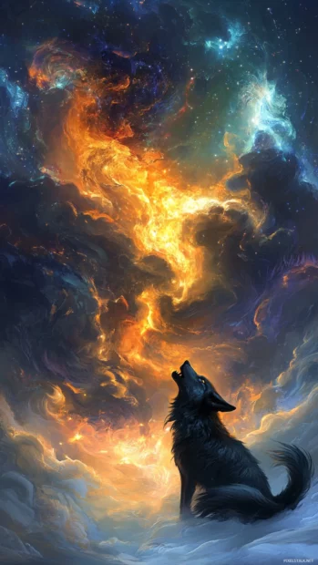 A vertical digital painting of a black wolf howling into swirling clouds and starlight.