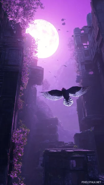 A vertical fantasy shot of an owl flapping above glowing ruins in violet tones.