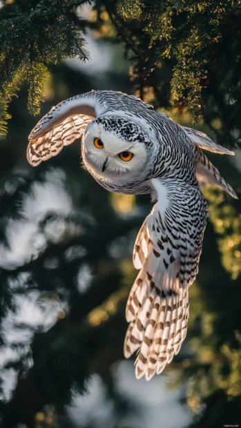 A vertical flight shot of a snowy owl diving toward the ground in early dawn light.