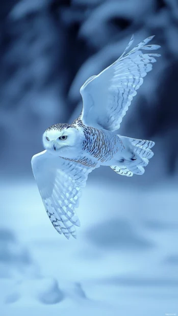 A vertical flight shot of a snowy owl diving toward the ground in early dawn light.