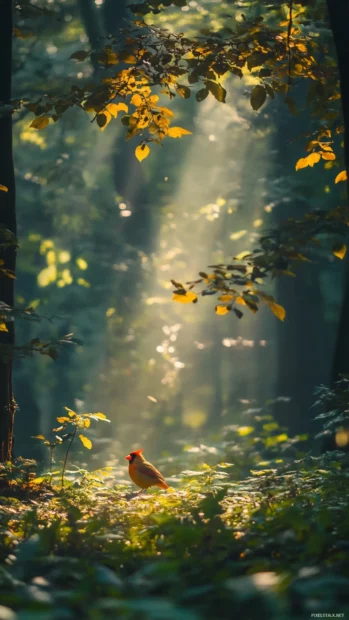 A vertical forest scene with a cardinal centered in a shaft of golden light, ideal for a red cardinal mobile wallpaper.
