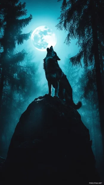 A vertical forest silhouette in this howling wolf wallpaper highlights the glowing moon.