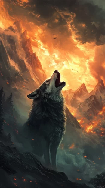 A vertical howling wolf wallpaper with sharp mountain edges and glowing clouds behind.