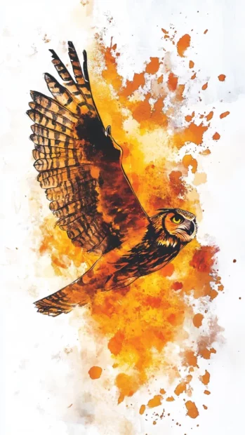 A vertical illustration of a glowing owl flying across an abstract watercolor sky.