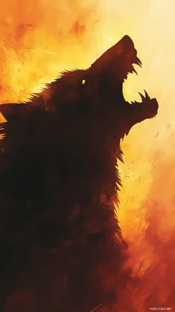 A vertical minimalist composition showing the silhouette of a growling wolf against fire.