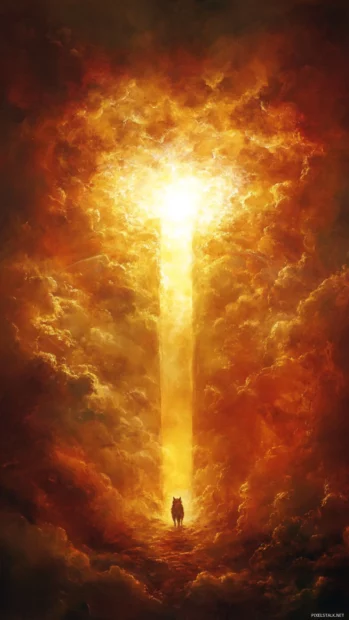 A vertical painting of a quiet wolf walking into a glowing rift in the clouds.