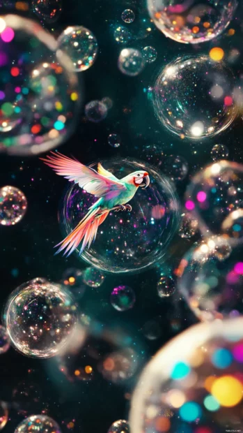 A vertical parrot artwork with glowing orbs in space, vibrant and dynamic.