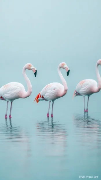 A vertical pastel composition showing three flamingos walking through calm waters.