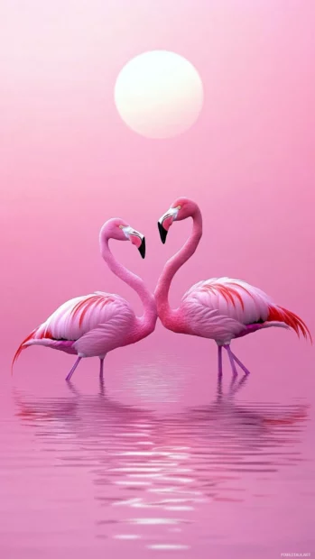 A vertical pastel scene of three flamingos wading through calm waters.