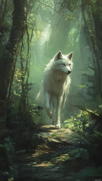 A vertical path through enchanted trees leads the white wolf upward.