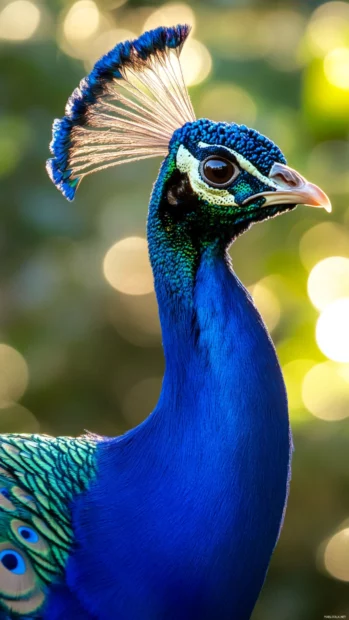 A vertical portrait of a peacock head and neck, royal blue feathers glowing in soft morning light.