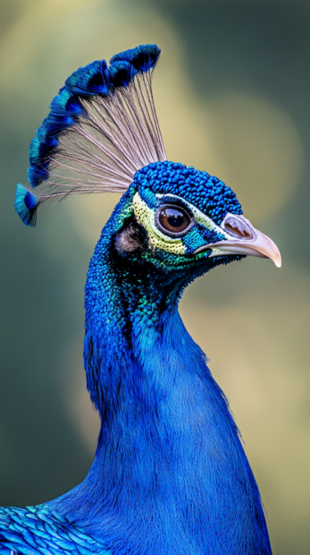A vertical portrait of a peacock head and neck, royal blue feathers glowing in soft morning light (4).
