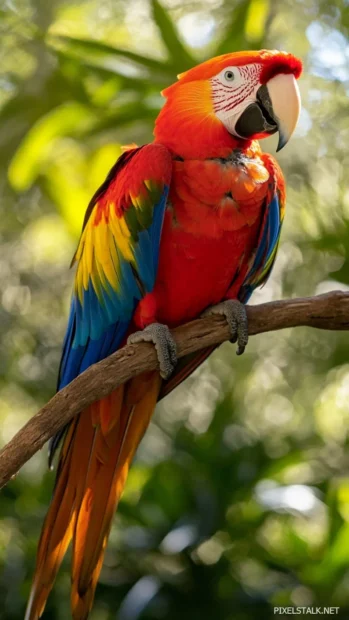 A vertical portrait of a scarlet macaw perched on a narrow vine, framed tightly to highlight facial details.