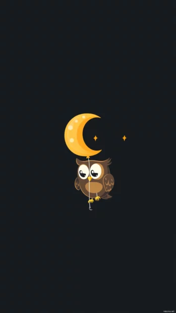 A vertical scene of a cartoon owl holding a balloon shaped like a crescent moon.