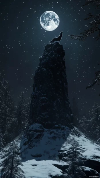 A vertical scene of a lone wolf howling at the top of a giant tree beneath full moonlight.