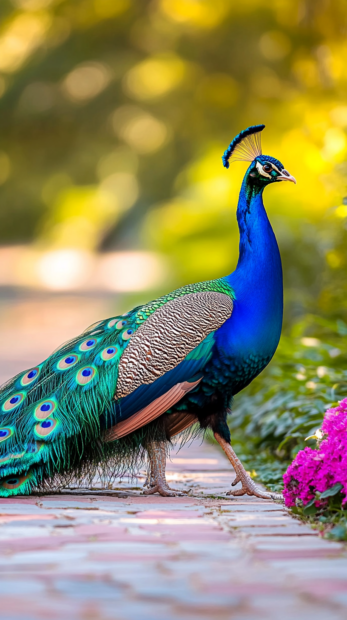 A vertical scene of a peacock walking across a vibrant garden path, ideal for a peacock phone background (3).