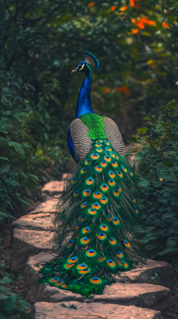 A vertical scene of a peacock walking across a vibrant garden path, ideal for a peacock phone background.