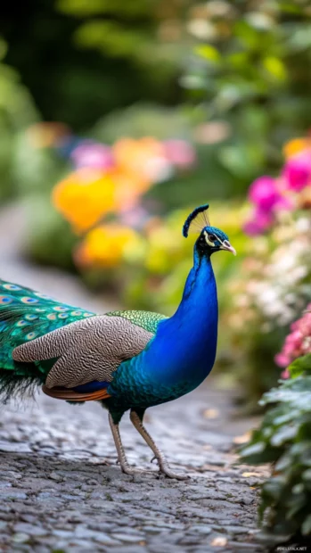 A vertical scene of a peacock walking across a vibrant garden path, ideal for a peacock phone background.