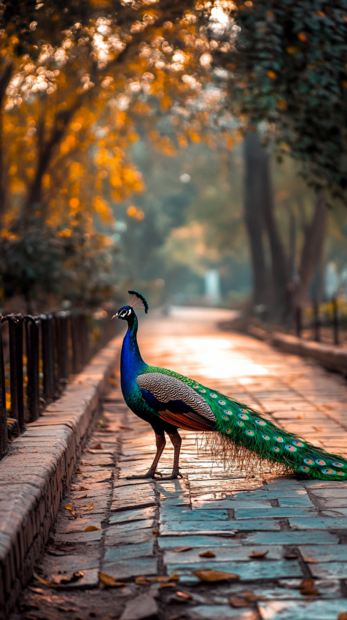A vertical scene of a peacock walking across a vibrant garden path, ideal for a peacock phone background (4).