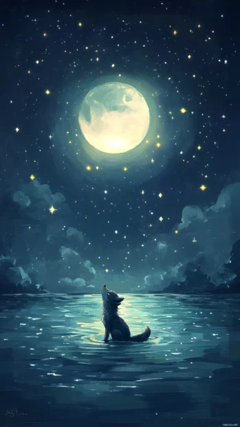 A vertical scene where a small wolf looks up at a glowing moon and sparkling stars.