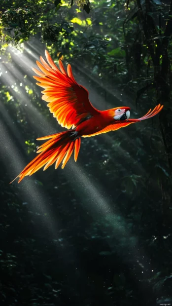 A vertical shot of a red parrot soaring through misty jungle light.