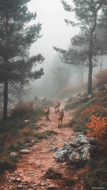 A vertical wolf pack wallpaper showing three wolves walking through fog on rocky trail.