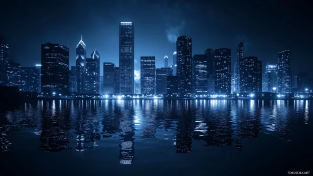 A vibrant Chicago night skyline, with skyscrapers lit up and reflected in the Chicago River.