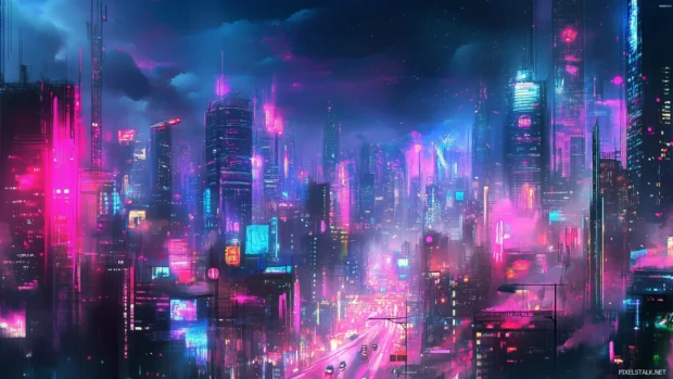 A vibrant Cyberpunk cityscape with tall skyscrapers, neon lights, and busy streets in pink and blue glow.