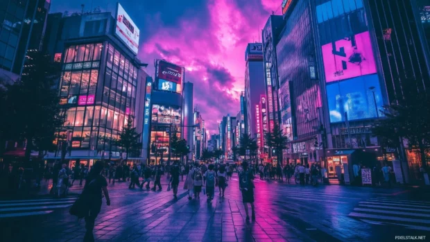 A vibrant Cyberpunk cityscape with towering skyscrapers, neon lights, and bustling streets, all bathed in a neon pink and blue glow.