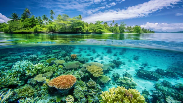 A vibrant Fiji beach with colorful coral reefs visible in the shallow waters, surrounded by tropical vegetation.