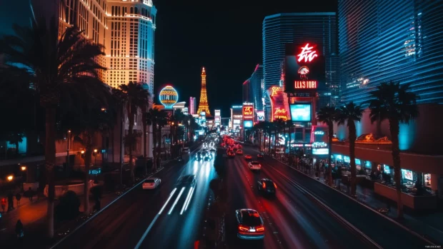 A vibrant Las Vegas skyline at night with bright neon lights and bustling streets.