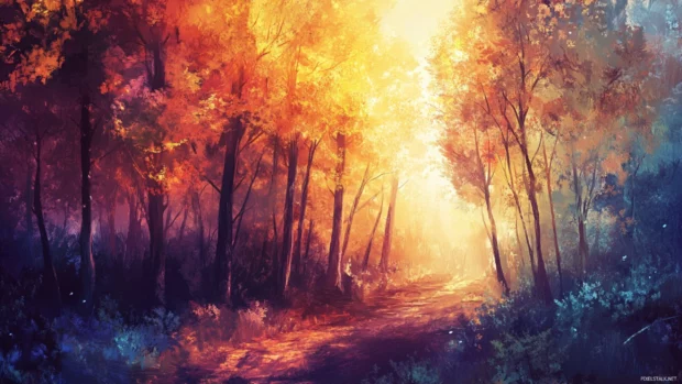 A vibrant Sunrise Wallpaper for Macbook casting golden hues over forest trails.