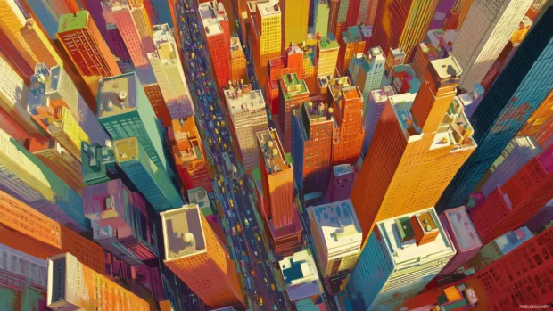 A vibrant aerial view of the New York skyline, with the bustling city streets below and the sparkling buildings above.